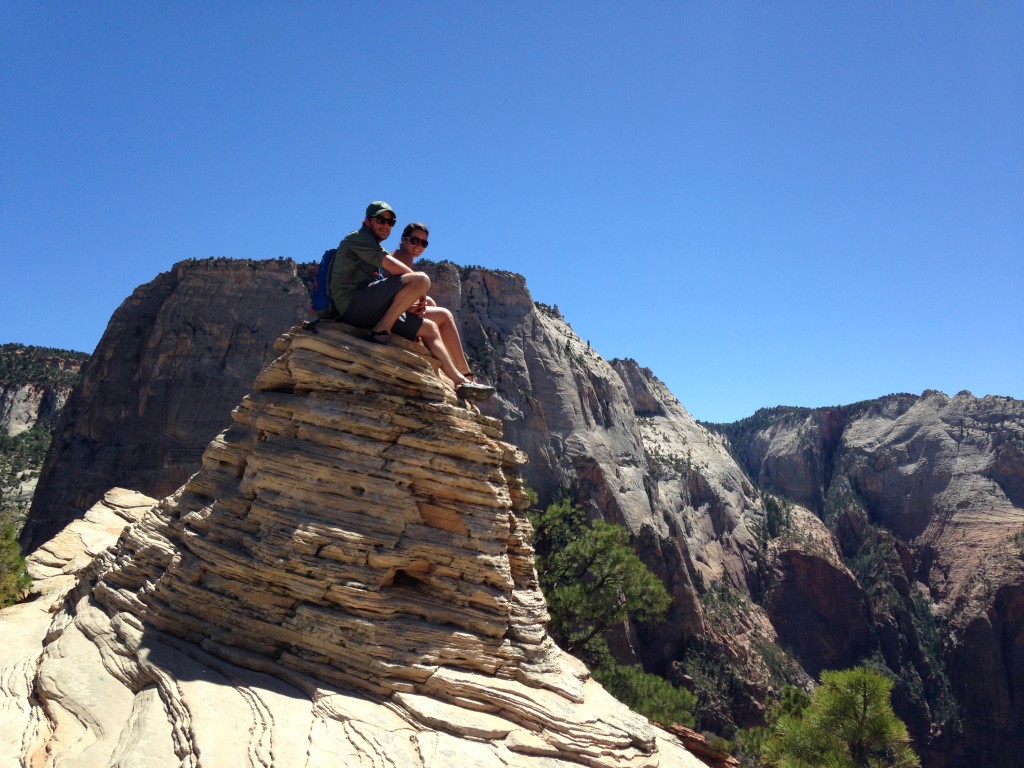 couple having picnic on rock, Angels Landing, Zion National Park