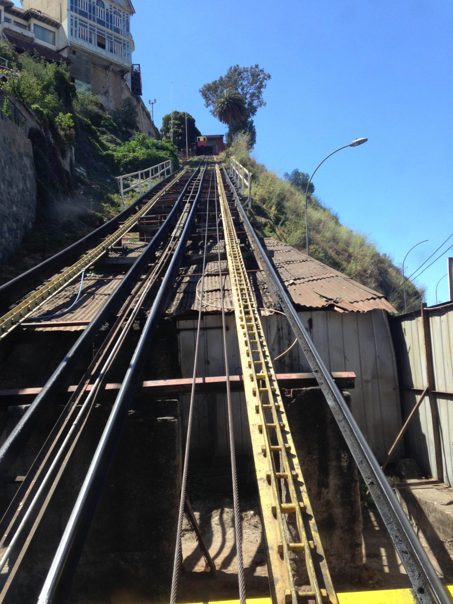 Riding the Ascensor Artilleria up to Mirador 21 de Mayo.