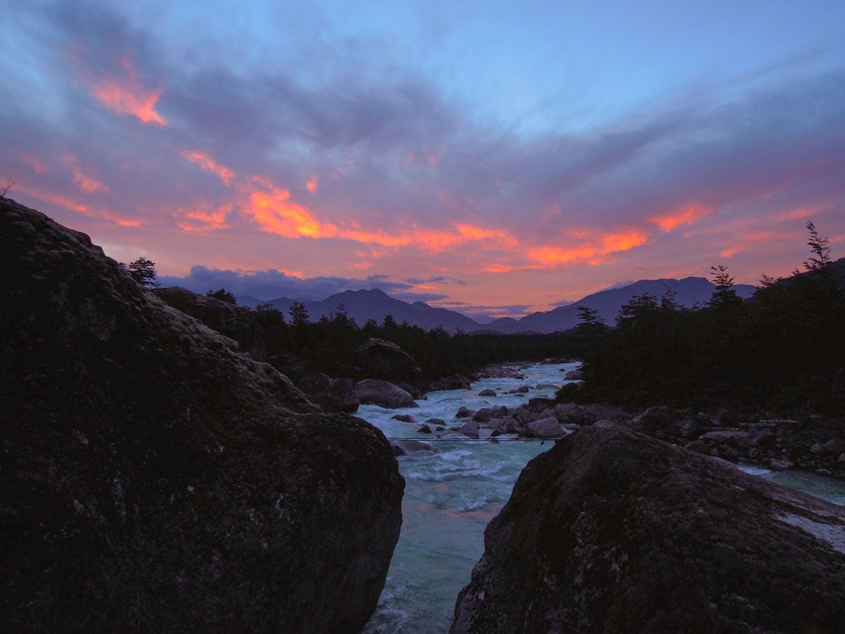Sunset in patagonia with river below.
