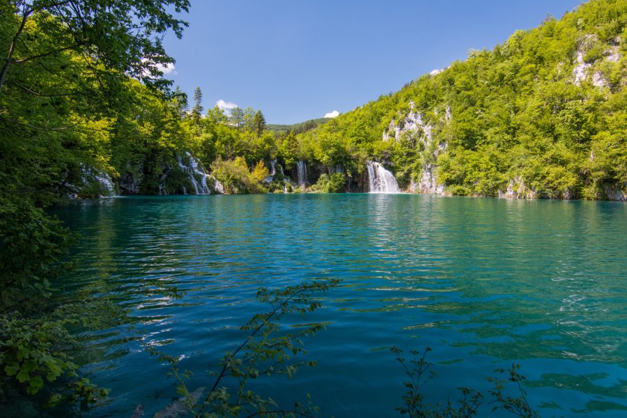 turquoise waters with lush green vegetation around and waterfalls coming through the greenery