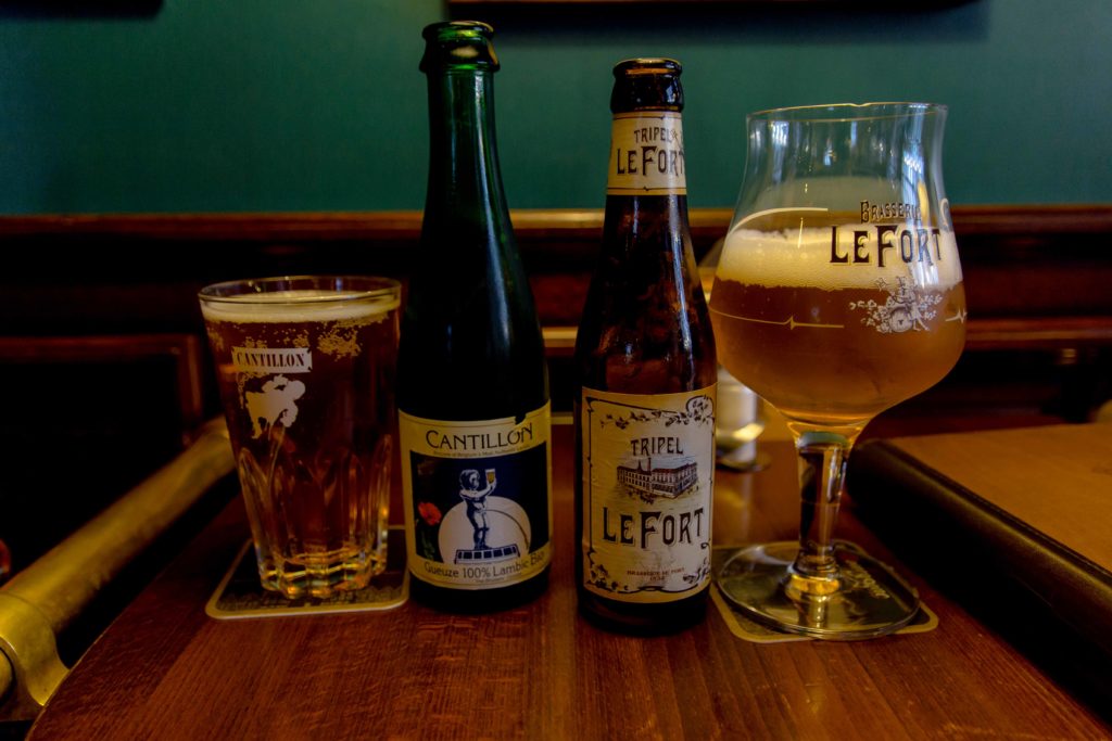 Beer in bottle and glasses on table, Belgian beer, le fort, arboursabroad, Bruges
