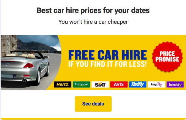 Free rental car promotion, arboursabroad, Ryan Air, Price Promise