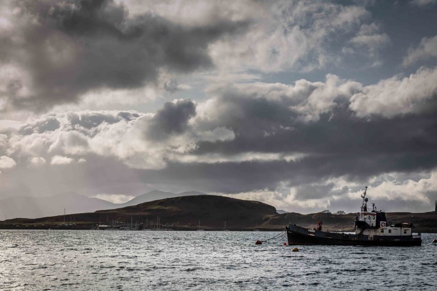 Oban fishing boats, old fishing boat at sunset, arboursabroad, visiting oban, fishing boat with islands in background