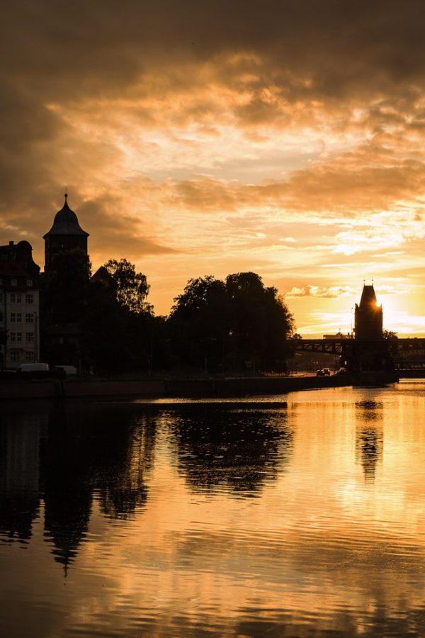 yellow and orange sunset, river reflections, Lubeck, Arboursbroad, Germany