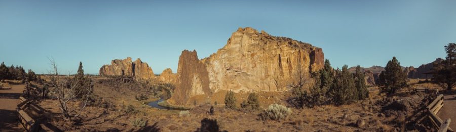 Panorama image of Smith Rock State Park in Redmond Oregon.