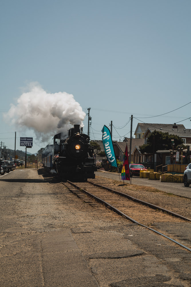 steam train coming into Rockaway Beach