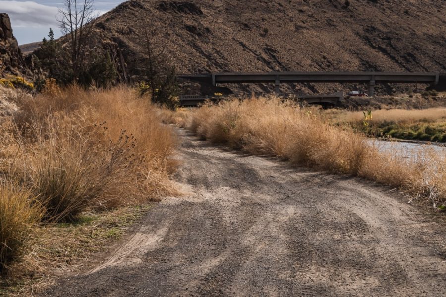 bumpy dirt road next to river with two bridges in the background, ArboursAbroad