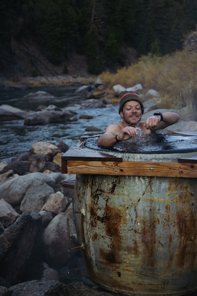 man jumping in a hot spring kettle, Stanley, Idaho, Sunbeam Hot Spring, ArboursAbroad