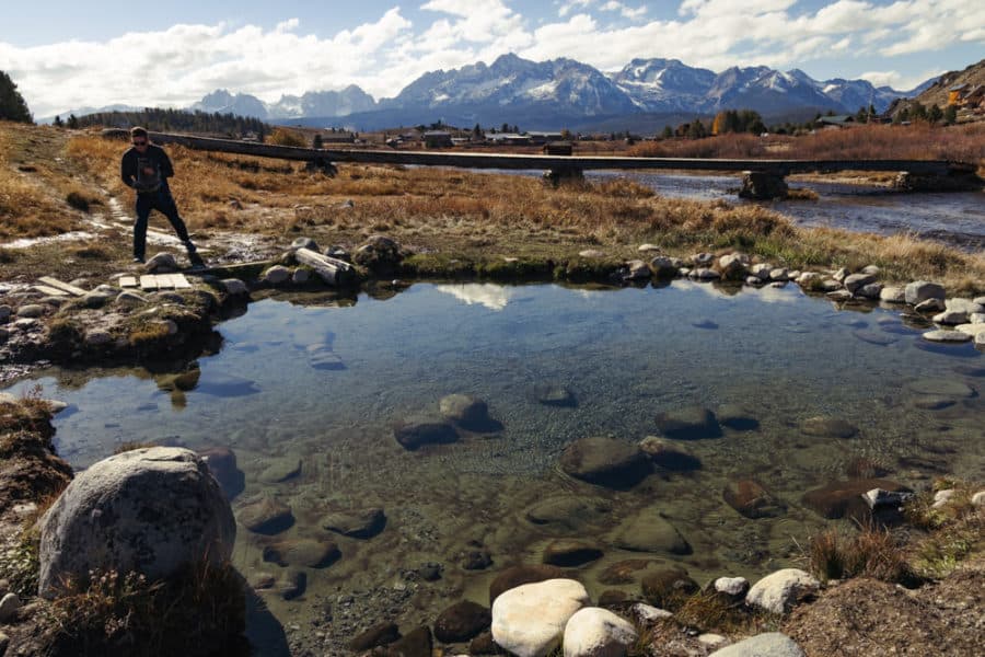Valley Creek Hot Springs in Stanley Idaho with Sawtooth Mountains Behind