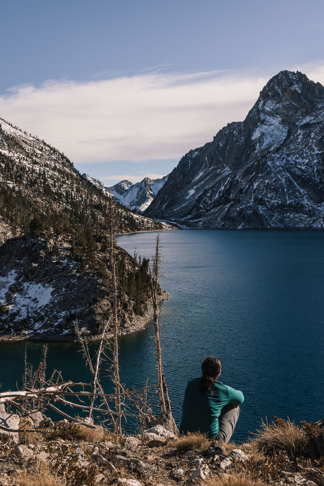 woman looking at lake and mountains, ArboursAbroad, Sawtooth Lake, Stanley, Idaho