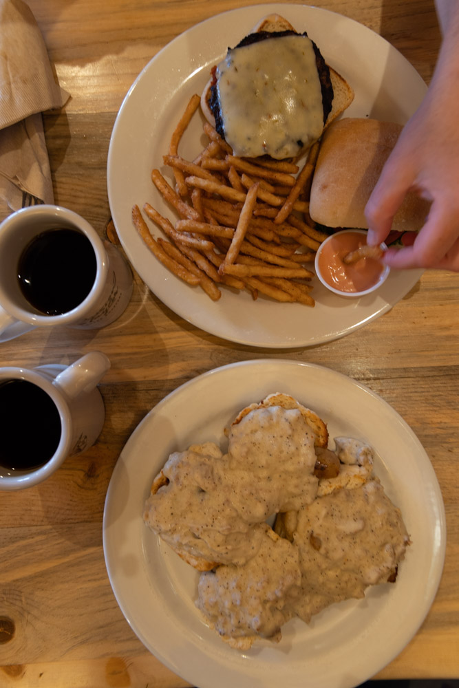 biscuits and gravy, house coffee, and a burger in Stanley, Idaho, ArboursAbroad