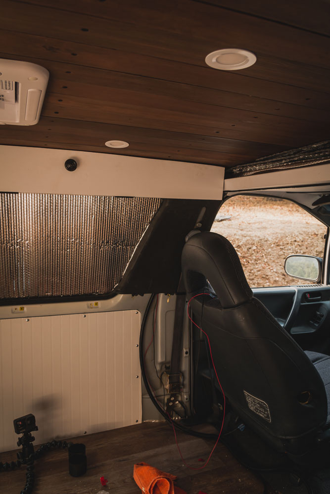 campervan conversion, tongue and groove ceiling with cabinet and light, arboursarbroad