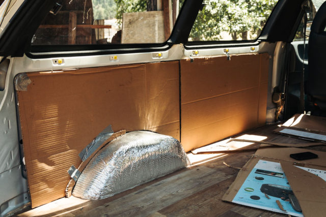 cardboard cut outs for van panels in camper conversion, arboursarbroad