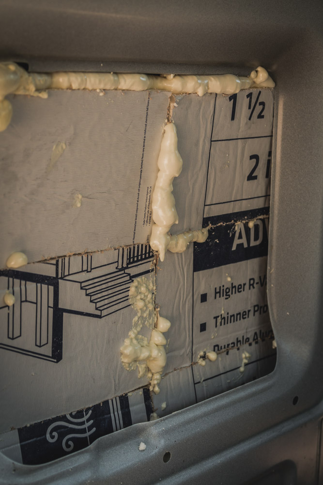 Polyiso foam board insulation in van wall, great stuff expanding foam, van panels insulation, arboursabroad
