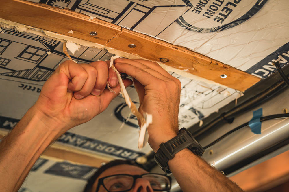 trimming space in insulation to run ceiling wiring, Arboursabroad, van trails