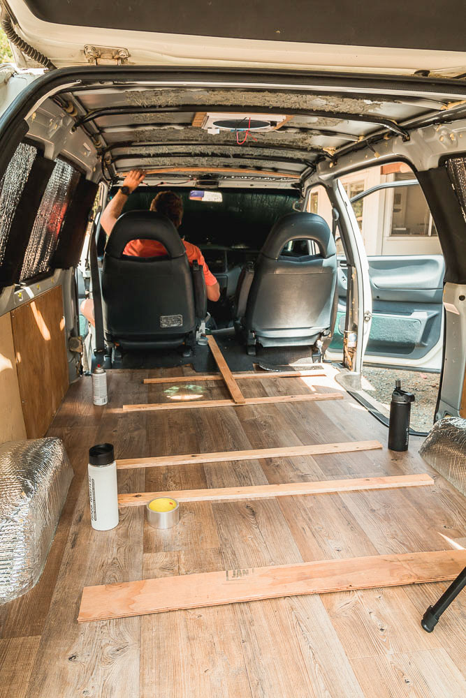 installing furring strips in campervan ceiling conversion, Arboursabroad