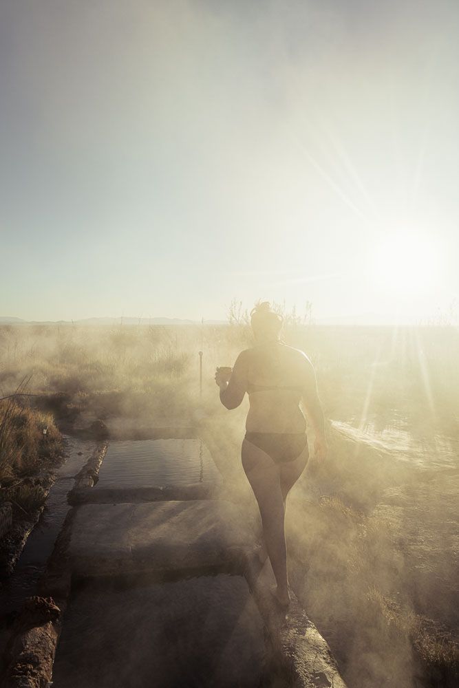 sunrise photography at hot spring, steam, coffee, woman walking, ArboursAbroad