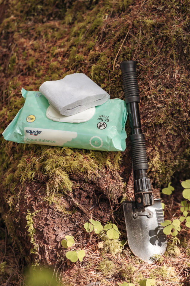 wipes, toilet paper, and trowel, outdoor pooping, arboursabroad, vantrails