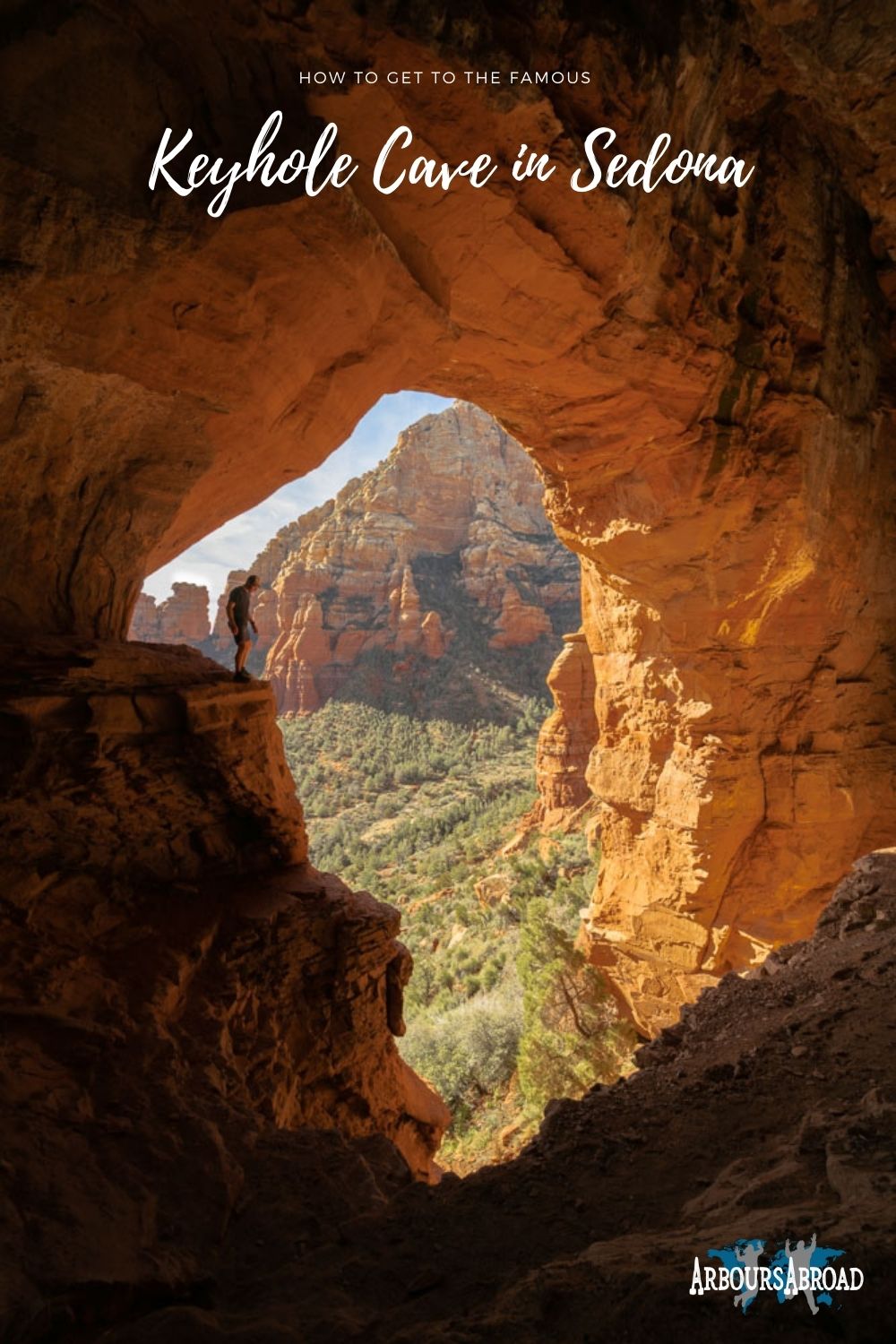 How to get to the famous Keyhole Cave in Sedona in text over an image from inside the cave with man standing on the ledge of cave.