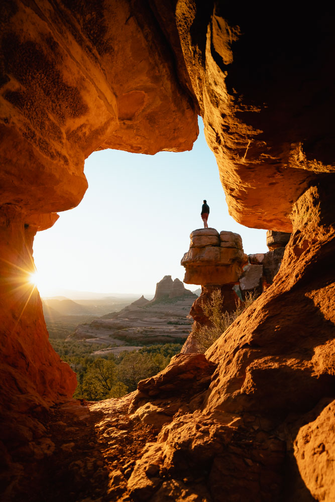 Merry Go Round Rock, Sedona Sunset hikes, ArboursAbroad, Arizona, cave with sunset view