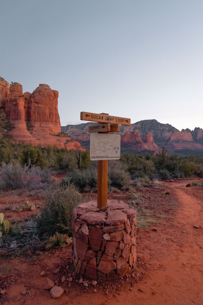 sunrise hike Sedona, Sugarloaf Mountain, ArboursAbroad, Sedona, Arizona, trail sign