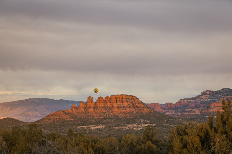 Sunrise in Sedona with hot air balloons from Cultural Park in Sedona, Arizona.