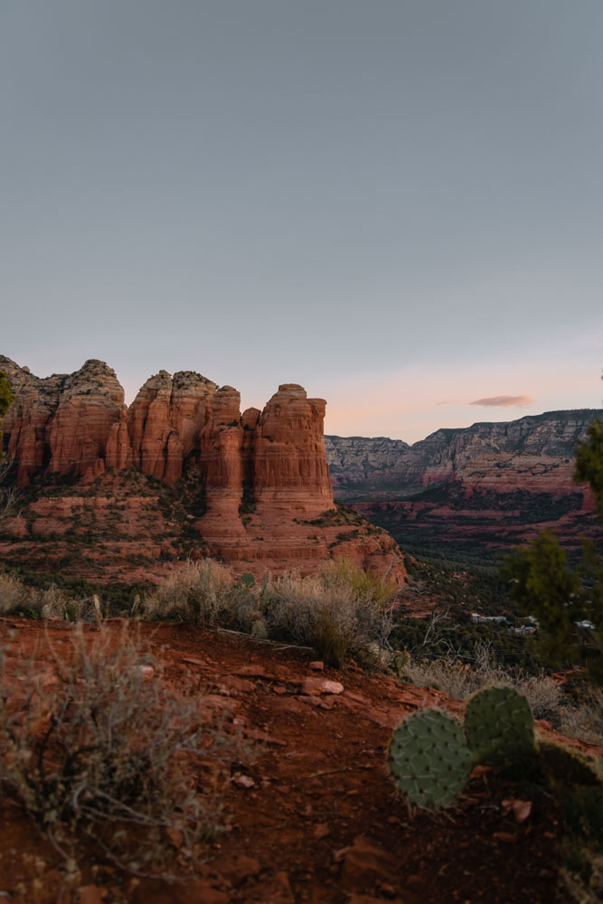 A rock formation that looks like a coffee pot, known as coffee pot rock in Sedona at Sunrise from the sunrise hike to Sugarloaf Mountain.