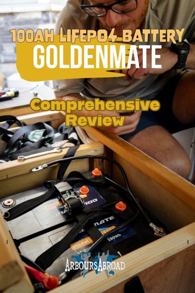 man looking at two lithium batteries with text over the image saying 100 ah LiFePO4 Battery Goldenmate comprehensive review.