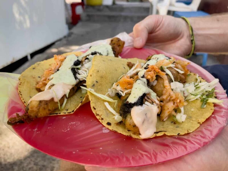 A red plate with two fried fish tacos with creamy pink sauce and chopped cabbage and pickled onion on top.