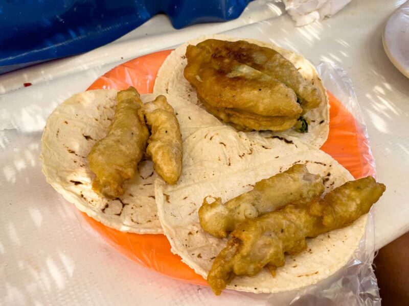 Three fried tacos on an orange plate that don't actually don't look appetizing.