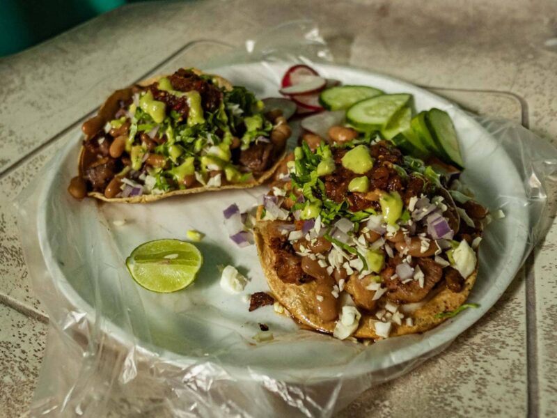 Two volcans, or tostadas with meat, beans, freshly chopped cilantro and onion, and topped with salsa, on a white plate.