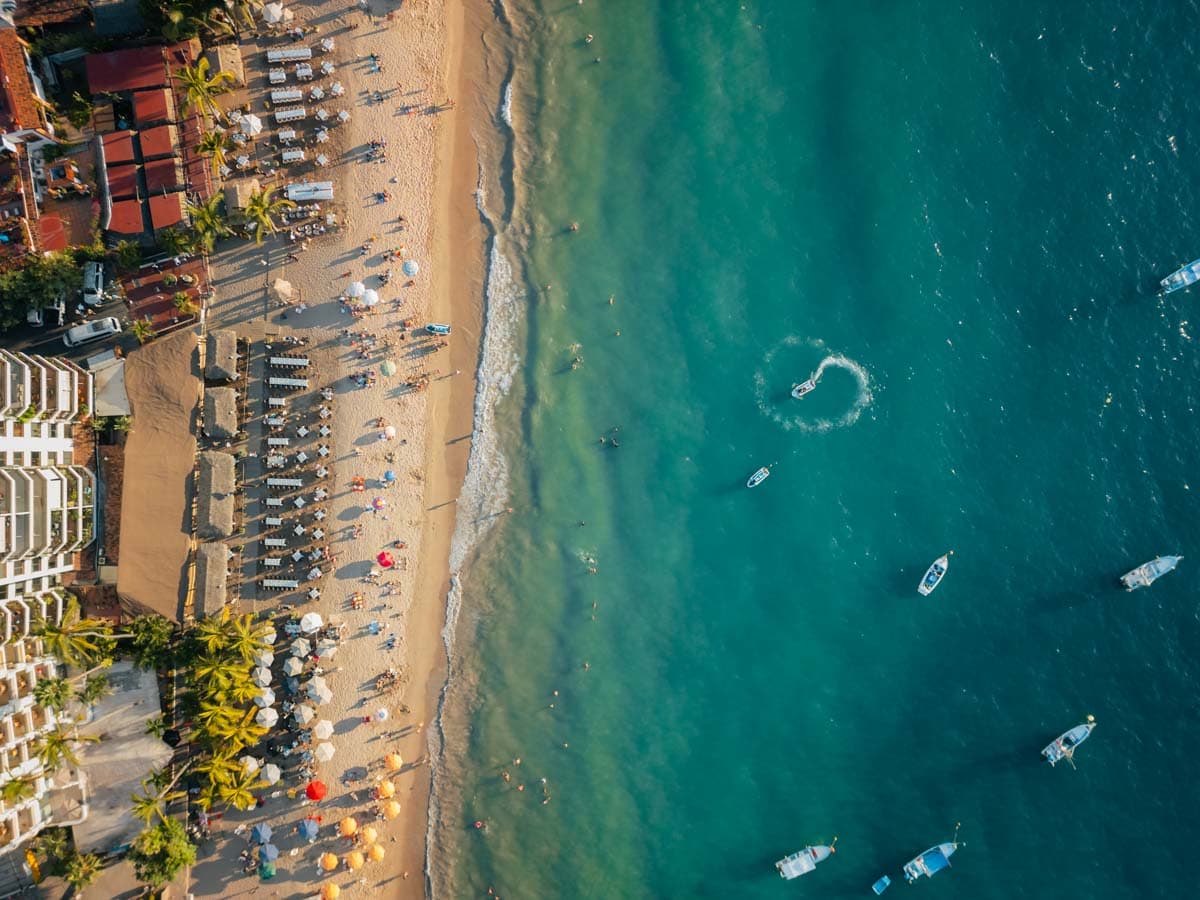 Arial shot of Los Muertos Beach in Puerto Vallarta.