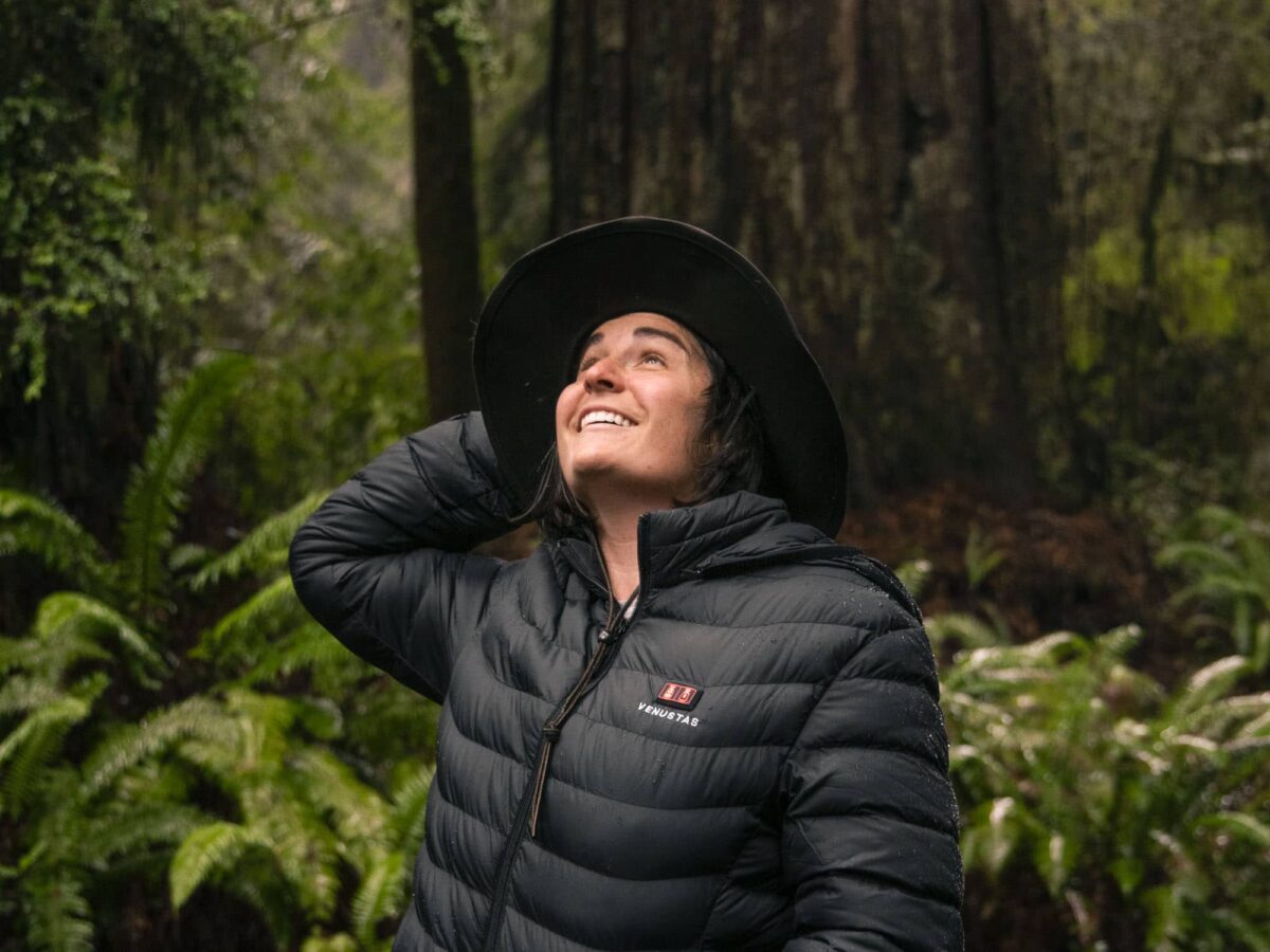 Heather from arboursabroad holds hat and looks up into the illuminated tree canopy in the redwood forest while it rains wearing a warm jacket.