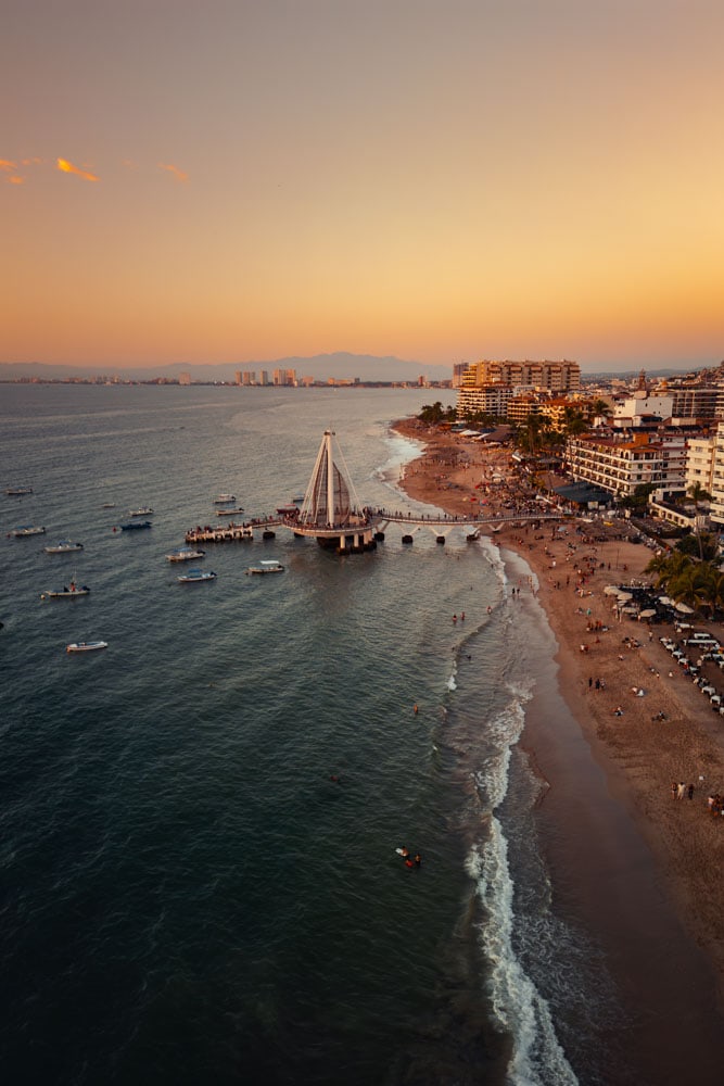 Puerto Vallarta beaches at sunset from the Romantic Zone.