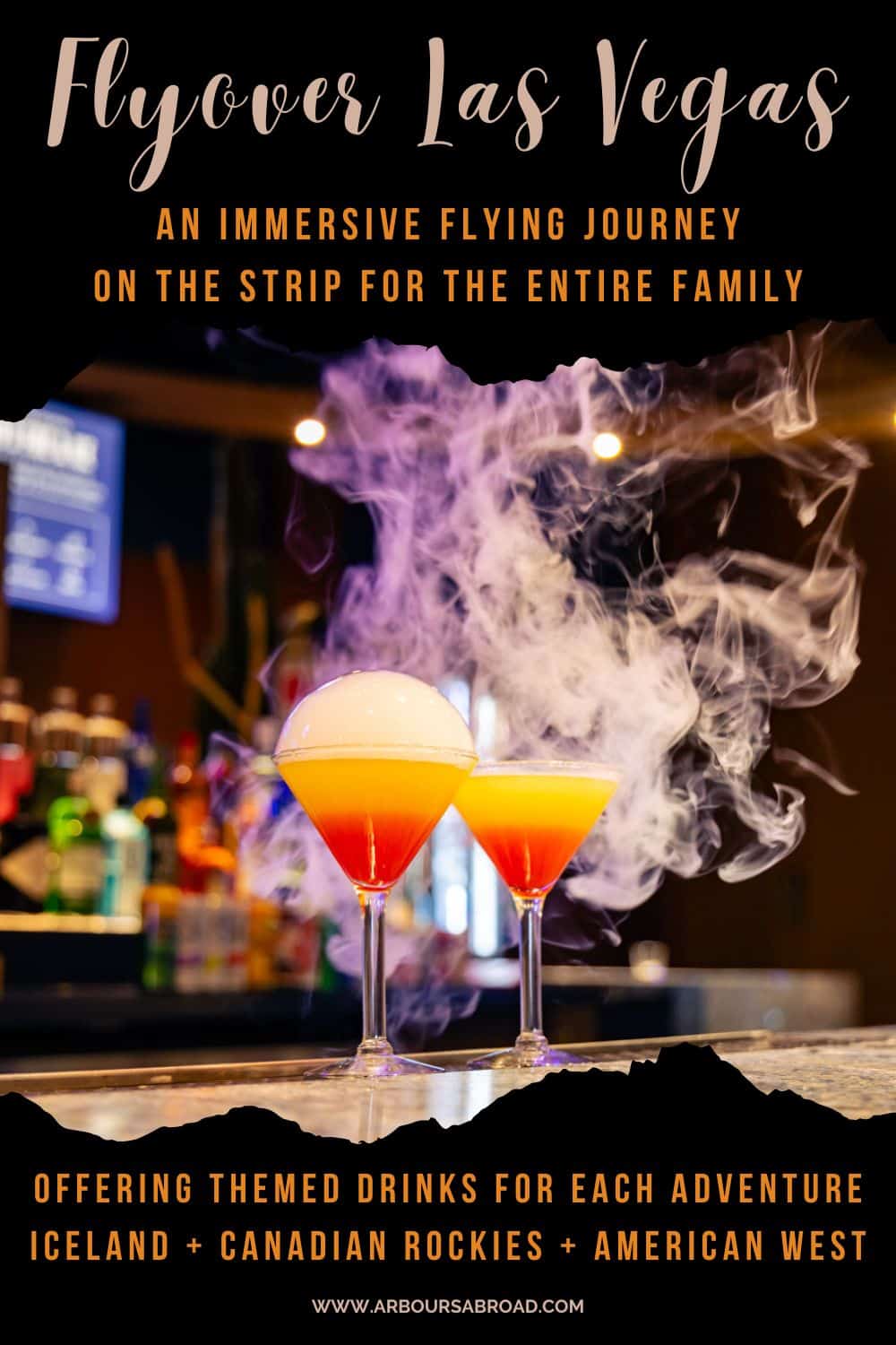 "Flyover Las Vegas" in text with image of smoking drinks.