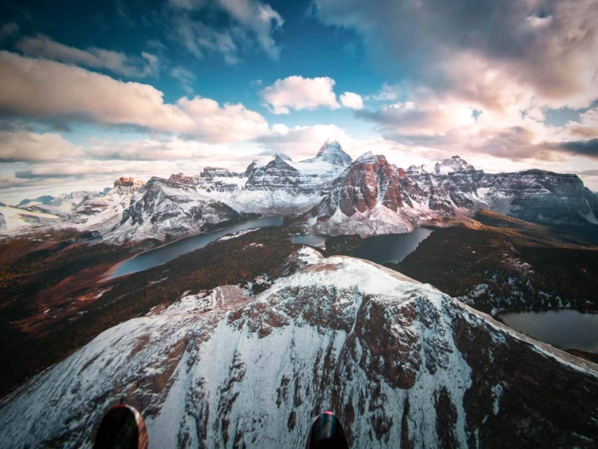 A helicopter shot of the snow covered Canadian Rockies from the Flyover Las Vegas attraction.