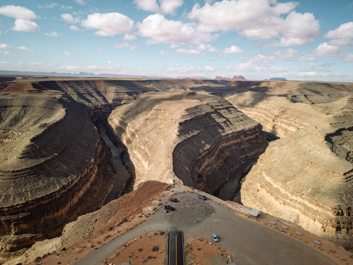 Drone shot of Goosenecks State Park parking area and the gooseneck of the river in southeast Utah.