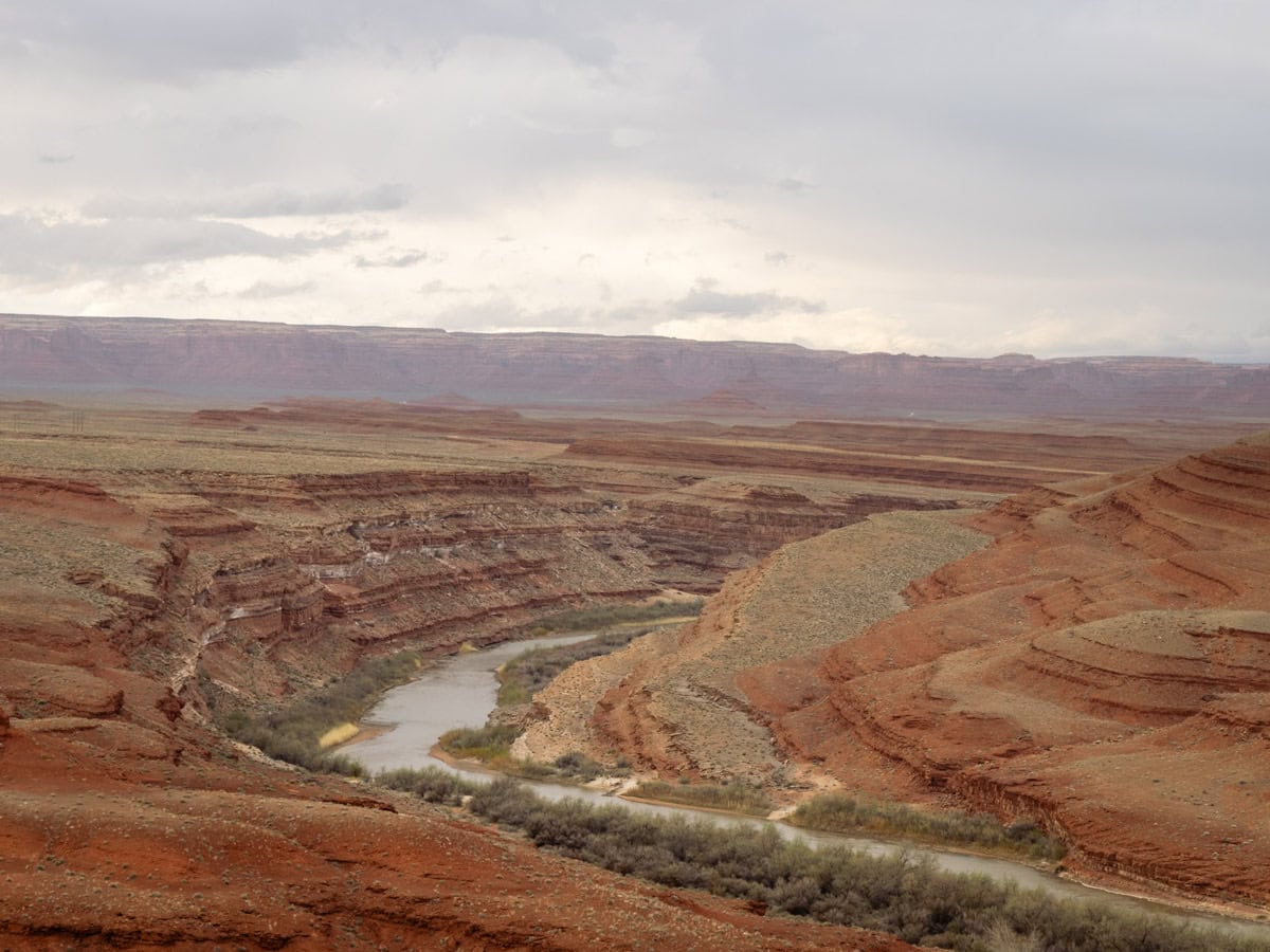 The San Juan River weaving through the desert landscape in Mexican Hat Utah.