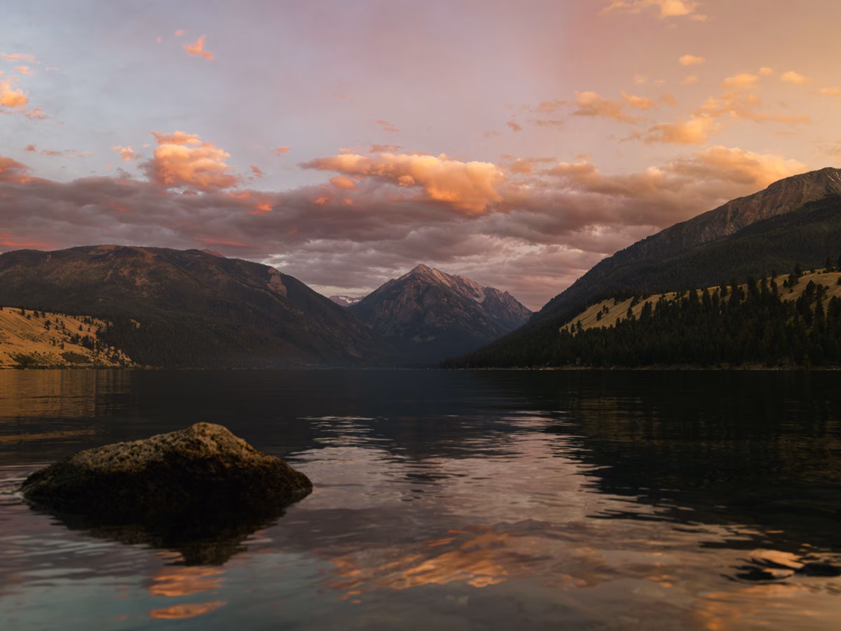 Mountains and still water at sunset near Joseph, Oregon