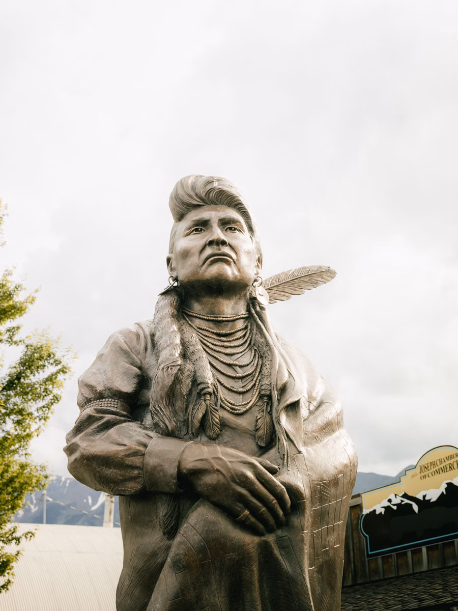 Bronze sculpture of a Nez Perce figure on display in downtown Joseph, Oregon